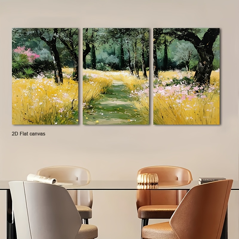 Canvas Wrap Ready - ภาพพิมพ์บนผ้าใบไร้กรอบ 3 ชิ้น ลายดอกไม้ป่าท่ามกลางแสงแดด - ภาพดอกไม้ป่าที่สมจริง