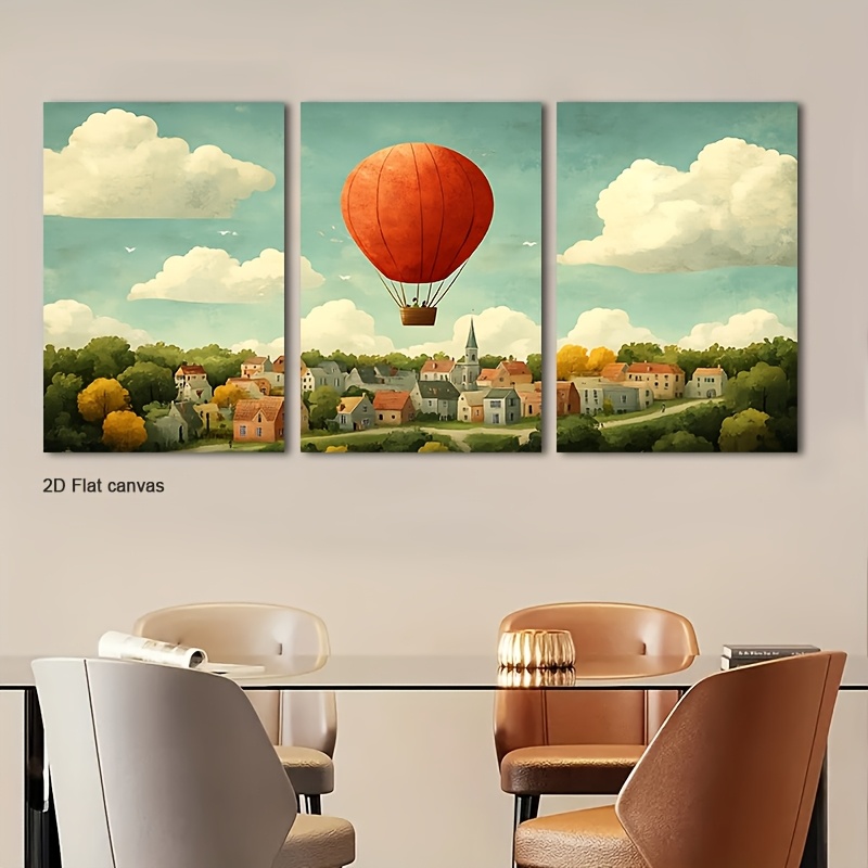 Canvas Wrap Ready - ภาพวาดบนผ้าใบไร้กรอบ 3 ชิ้น พร้อมกรอบ ภาพลูกโป่งสีแดงบนผ้าใบ -