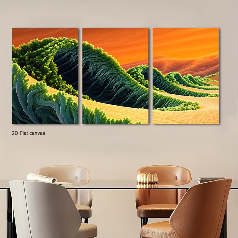 Canvas Wrap Ready - ภาพวาดตกแต่งผนังลายคลื่นสีเขียว 3 ชิ้น - ภาพวาดทิวทัศน์สีส้มและสีเขียวบนผ้าแคนวาสพร้อมกรอบ พร้อมแขวน