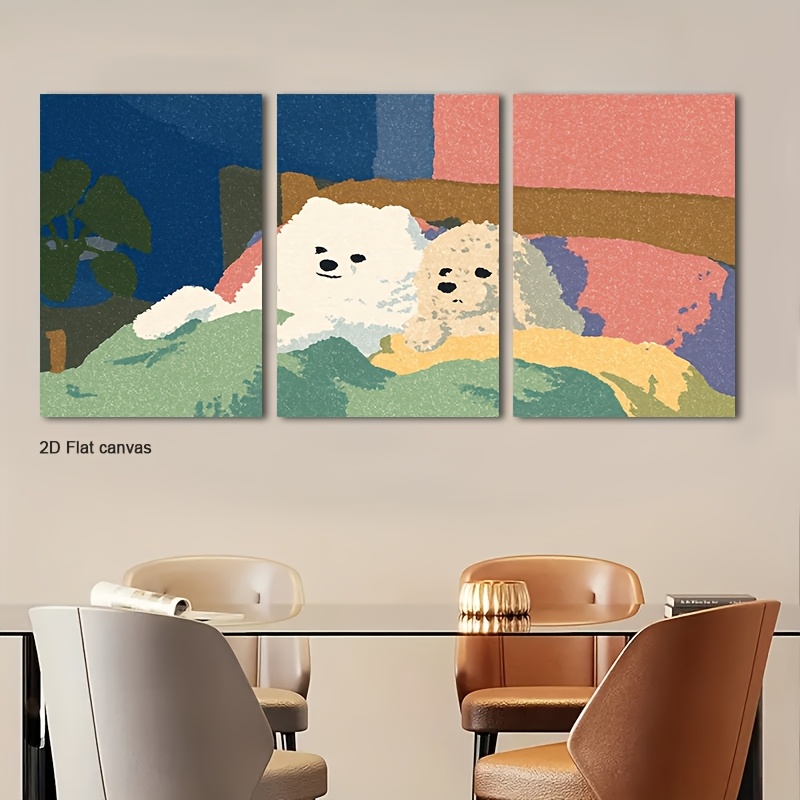 Canvas Wrap Ready - ภาพวาดสุนัขขนฟูน่ารักบนผ้าแคนวาสแบบไม่มีกรอบ 3 ชิ้น - ภาพวาดสุนัขบนผ้าแคนวาสที่น่ารัก พร้อมกรอบผ้าแคนวาสสำเร็จรูป