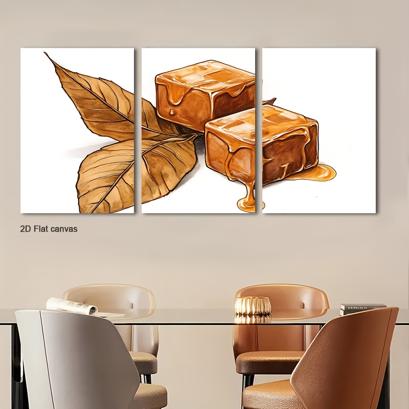 Canvas Wrap Ready - ภาพพิมพ์บนผ้าใบไร้กรอบ 3 ชิ้น สไตล์โมเดิร์น ลายคาราเมลและศิลปะตกแต่งผนัง -