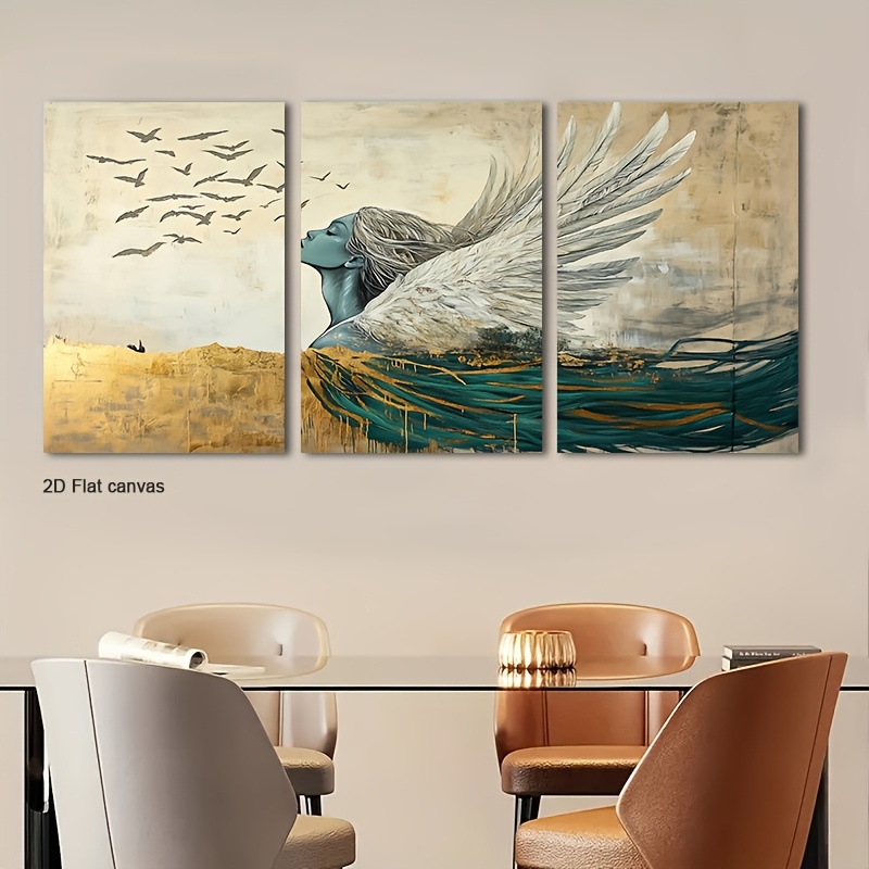 Canvas Wrap Ready - ภาพวาดบนผ้าใบไร้กรอบ 3 ชิ้น รูปปั้นปีกนางฟ้าและนางฟ้า/ศิลปะตกแต่งผนังสวรรค์ - ภาพวาดบนผ้าใบแบบหุ้มขอบ