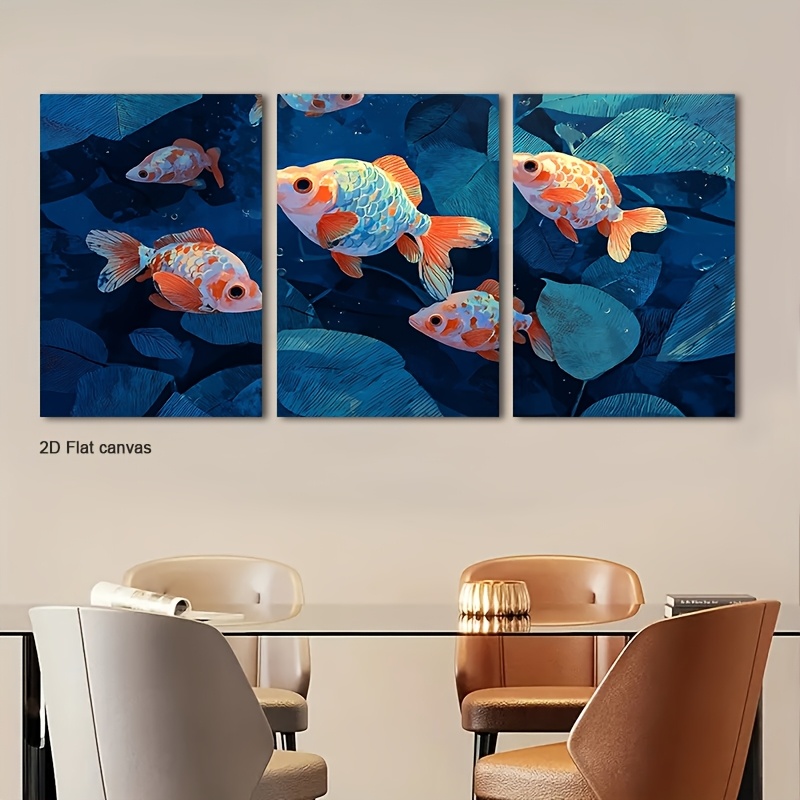 Canvas Wrap Ready - ภาพวาดปลาทองแบบไร้กรอบ 3 ชิ้น - ภาพวาดตู้ปลาใบไม้สีเข้ม, ภาพพิมพ์ปลาบนผ้าแคนวาส,