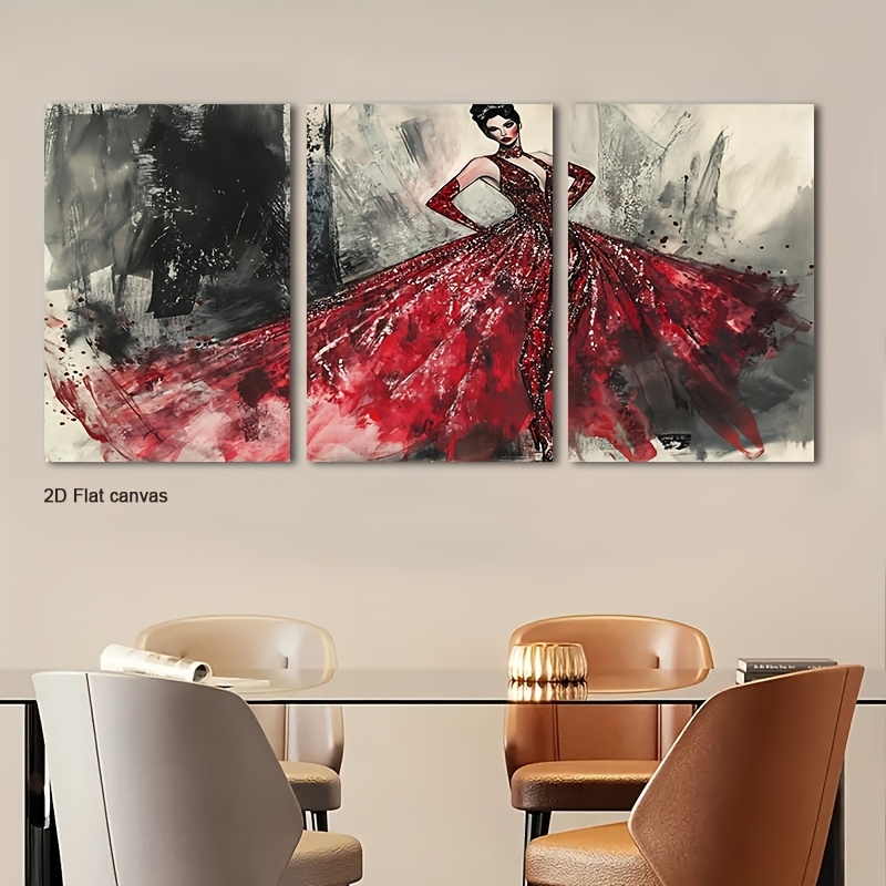 Canvas Wrap Ready - ภาพผ้าใบไร้กรอบ 3 ชิ้น ชุดราตรีเลื่อมสีแดง ตกแต่งผนัง ภาพผ้าใบมีกรอบ