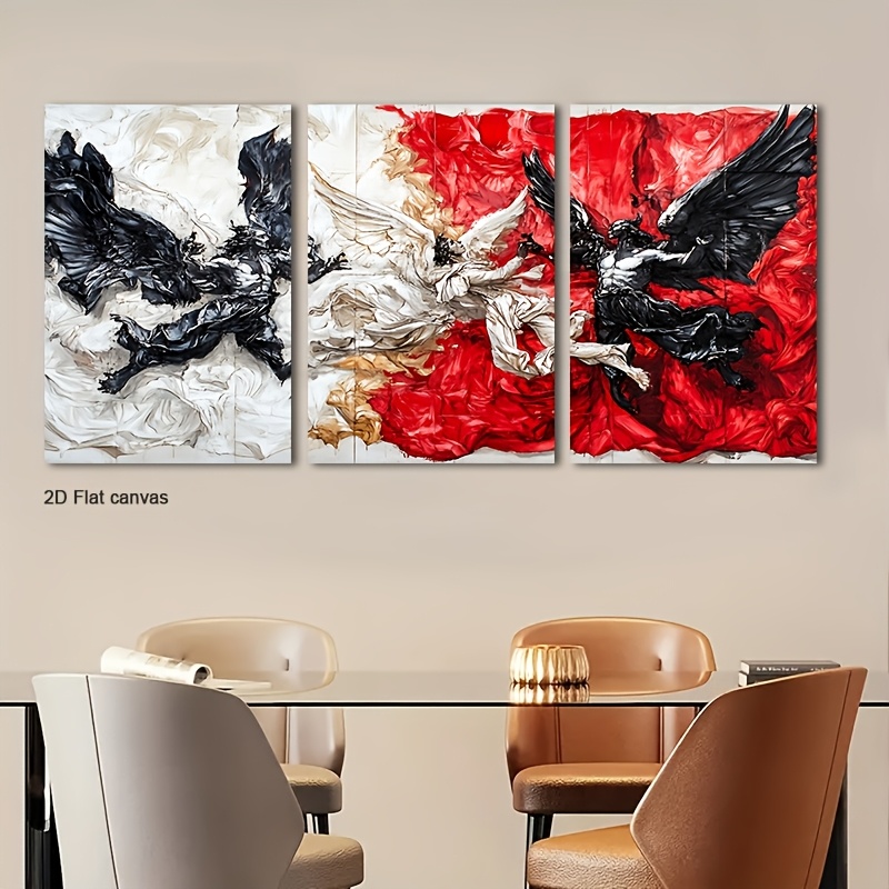 Canvas Wrap Ready - ภาพวาดแคนวาสไร้กรอบ 3 ชิ้น ภาพศิลปะติดผนังรูปนางฟ้ากำลังอุ้มมือ แบบสามชิ้น -